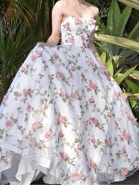 Jadore Evening White Strapless with Pink Floral Wedding/Prom/Grad Ball Gown